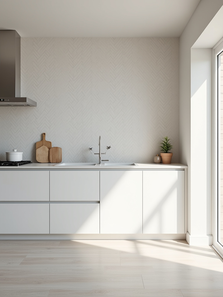 A contemporary kitchen using subtle herringbone patterned wallpaper for a refined effect, bathed in soft, natural lighting.