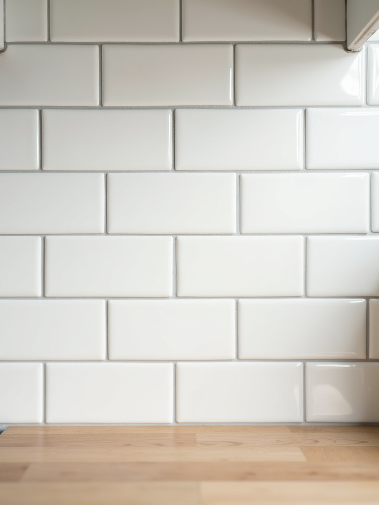 White subway tile backsplash with light grey grout in a bright Scandinavian kitchen