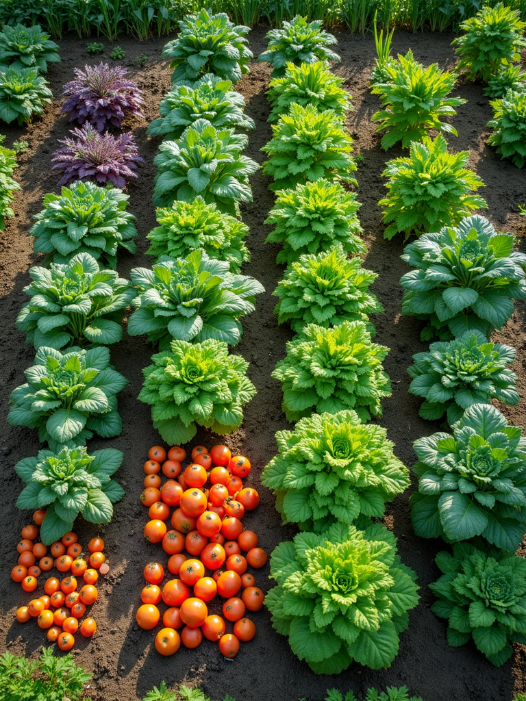 Overhead view of a vegetable garden demonstrating succession planting with sections showing different stages of plant growth and harvests.