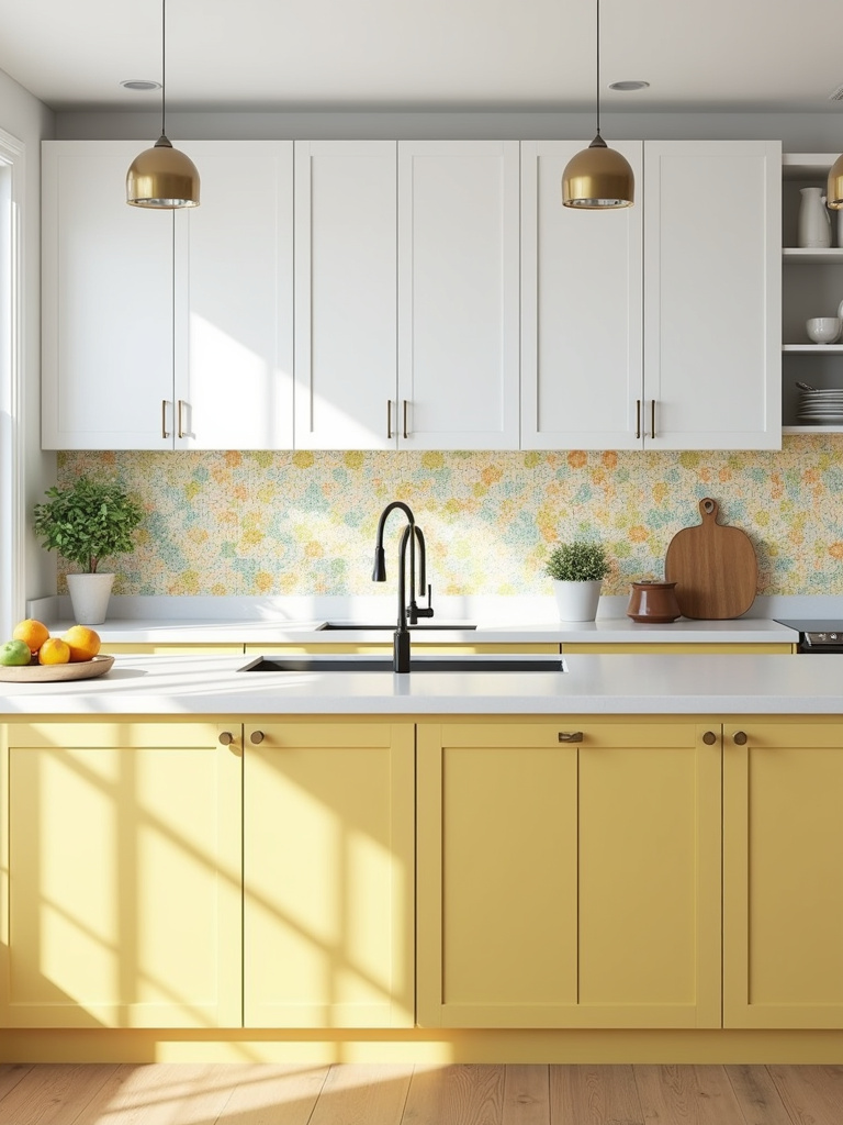 Cheerful yellow and white kitchen with patterned backsplash.