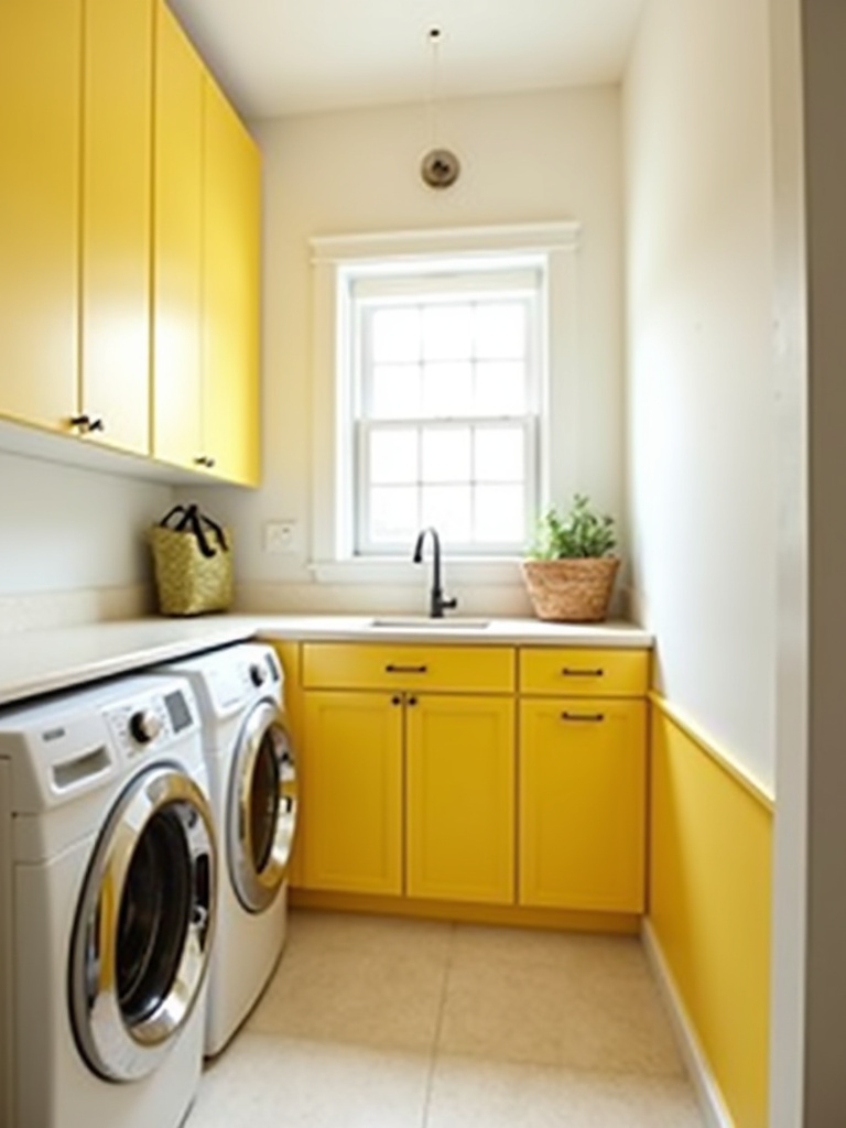“Cheerful laundry room with sunshine yellow lower cabinets and white upper cabinets, filled with bright natural light from a front window.”