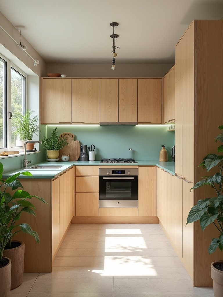 Modern eco-friendly kitchen featuring light bamboo cabinets, recycled glass countertops, and potted plants, emphasizing sustainable design choices.
