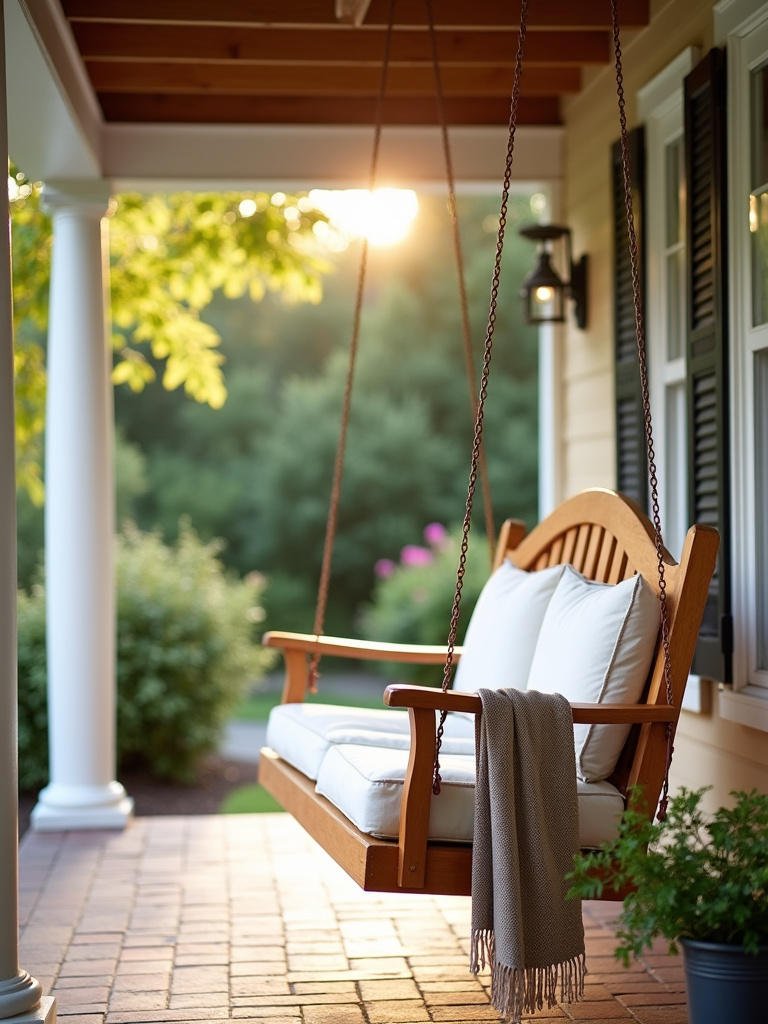 A charming porch with a natural wood porch swing featuring white cushions and a throw blanket.