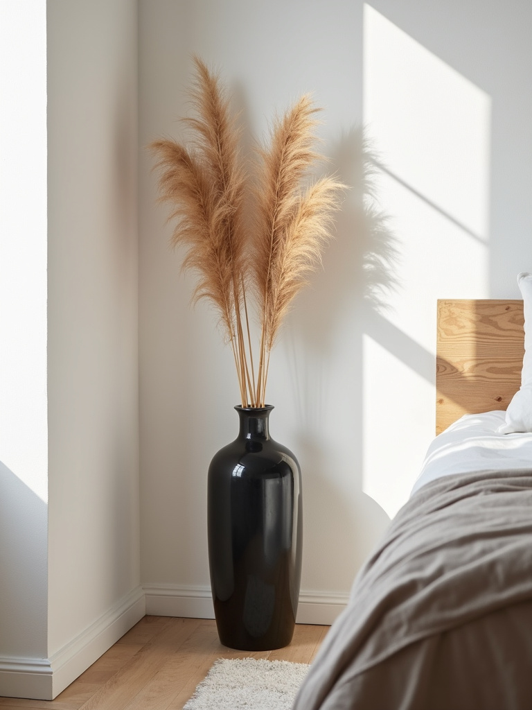 Tall black floor vase with dried pampas grass in a bohemian bedroom setting.