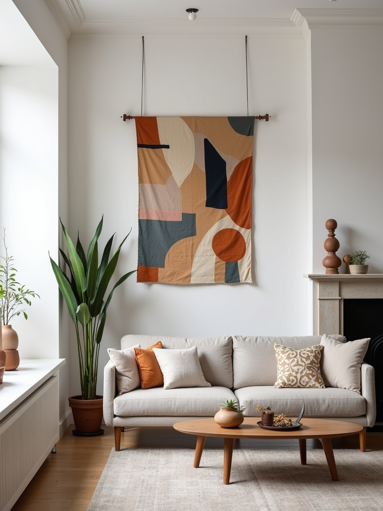 A neutral white wall with a statement tapestry in a modern living room with a bold pattern.