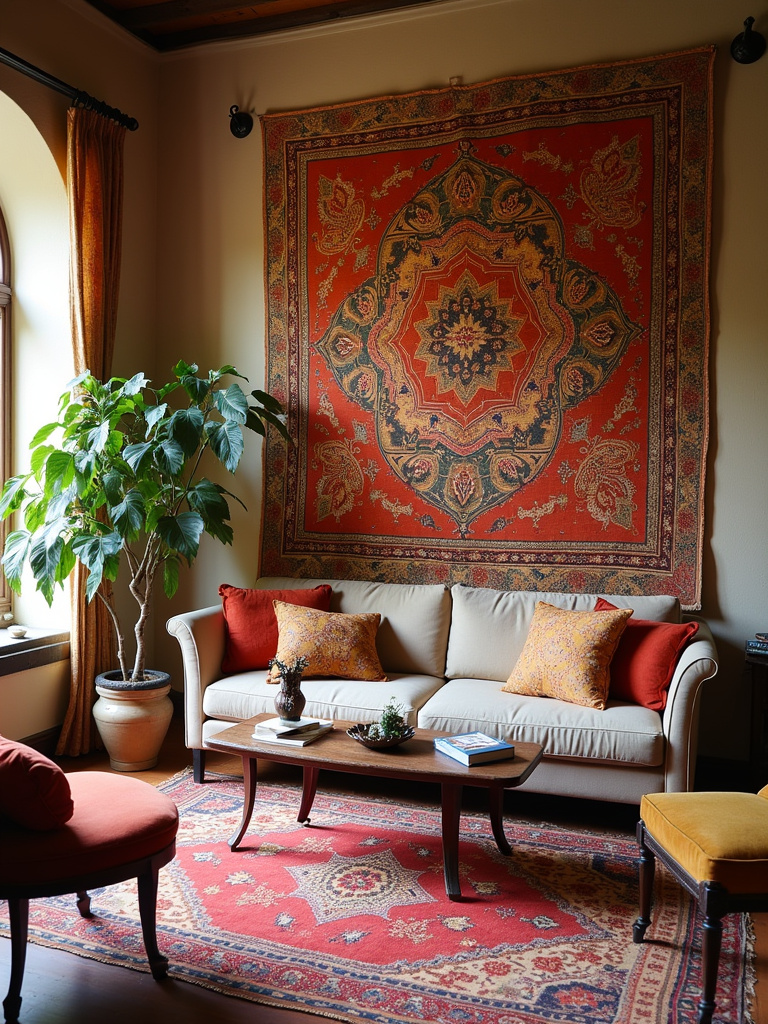 Eclectic living room with a large woven tapestry featuring global-inspired patterns above a vintage sofa.