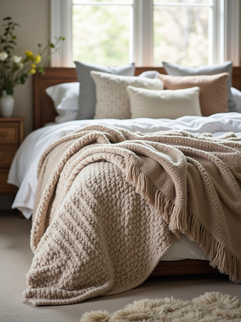 Cozy bedroom with layered textiles including blankets, pillows, and a soft rug.