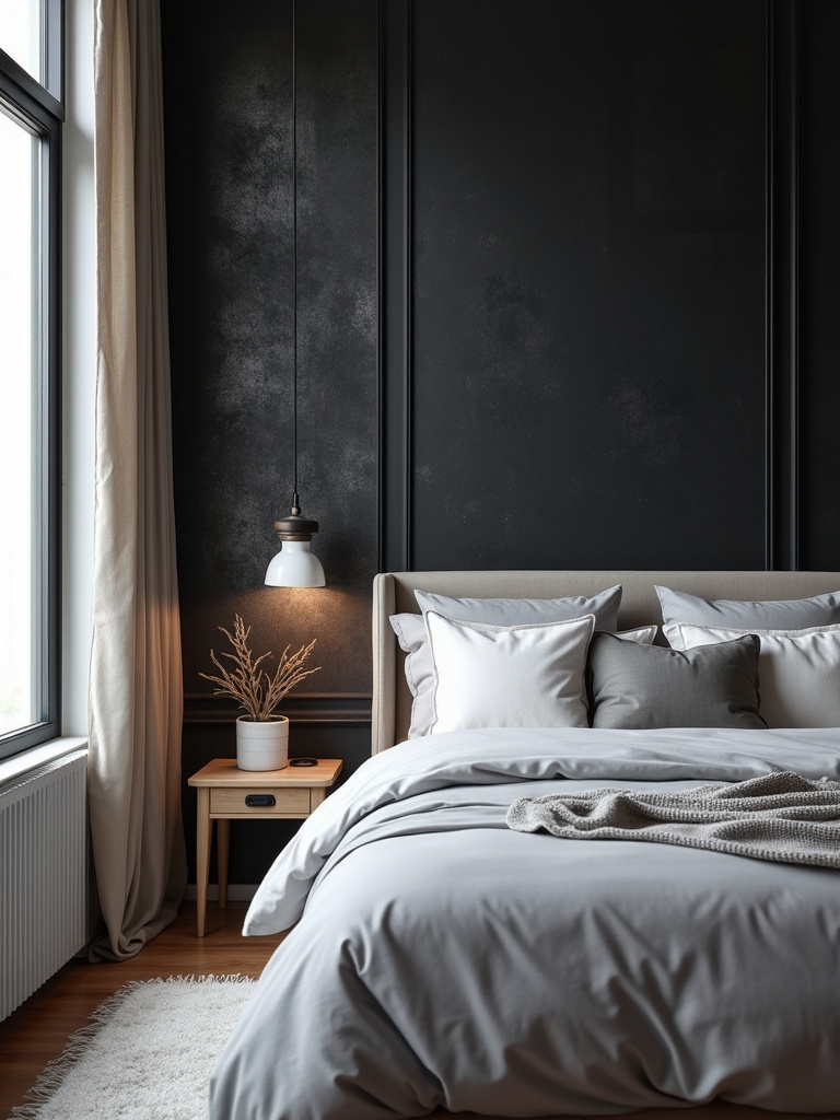 Textured black wallpaper accent wall in a modern bedroom.