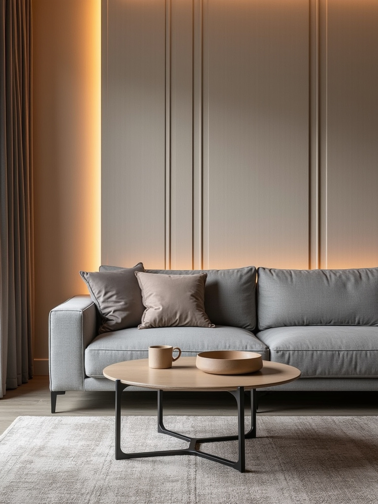 Modern cozy living room with textured beige fabric wall panels behind a grey sofa, adding warmth and depth.
