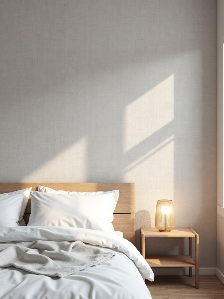 A modern minimalist bedroom showcasing a light grey grasscloth textured wallpaper, accompanied by a light wood bed and a small side table, enhanced with both natural and warm lamp light.