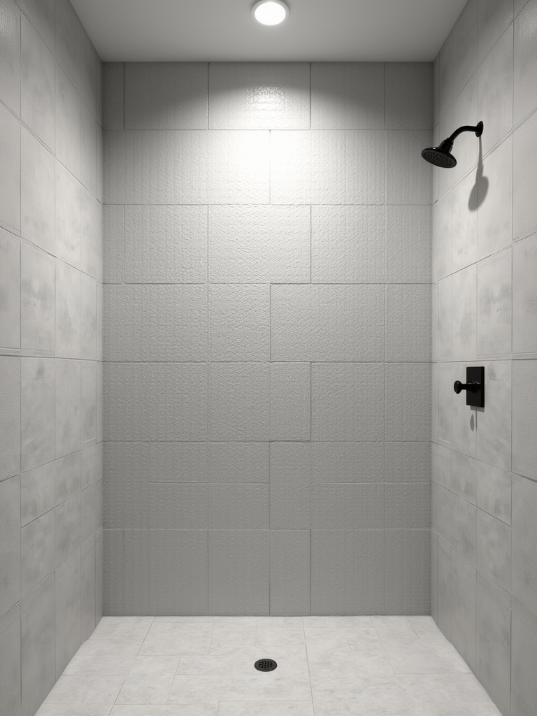 Modern shower featuring textured light gray porcelain tiles on the walls for slip resistance.