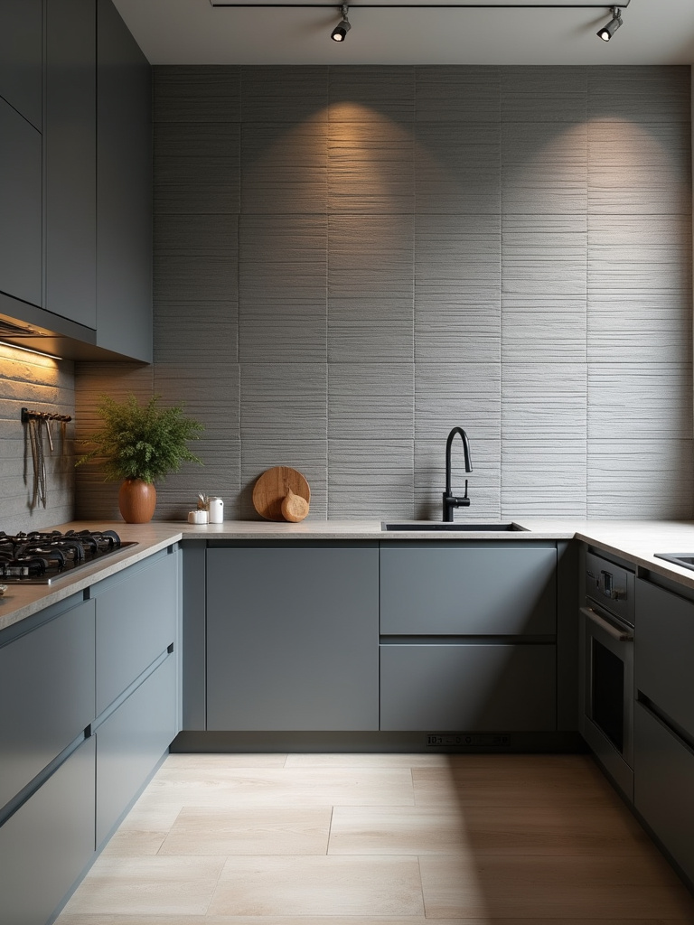 “Contemporary kitchen with textured grey ceramic wall tiles featuring a subtle linear ribbed pattern, sleek grey cabinets, and stainless steel appliances.”