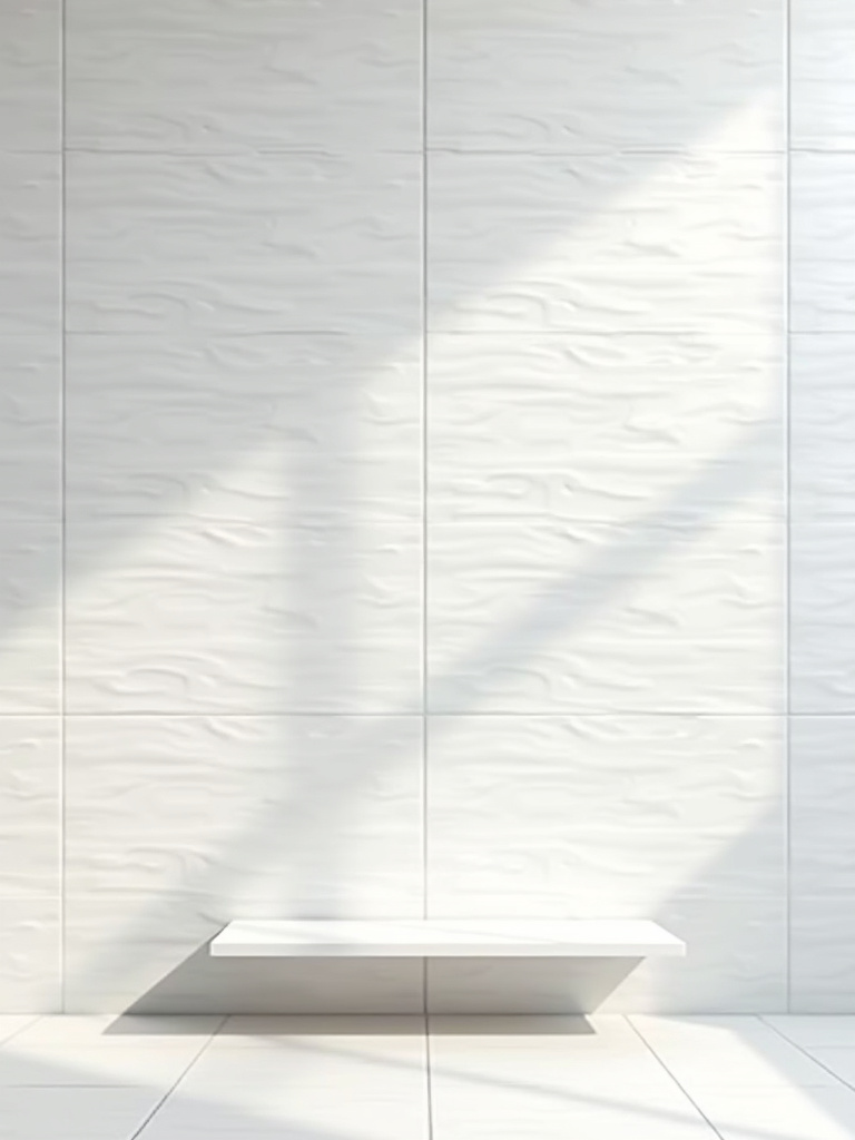 A bathroom wall covered with a textured white tile, illuminated with natural, diffuse lighting.