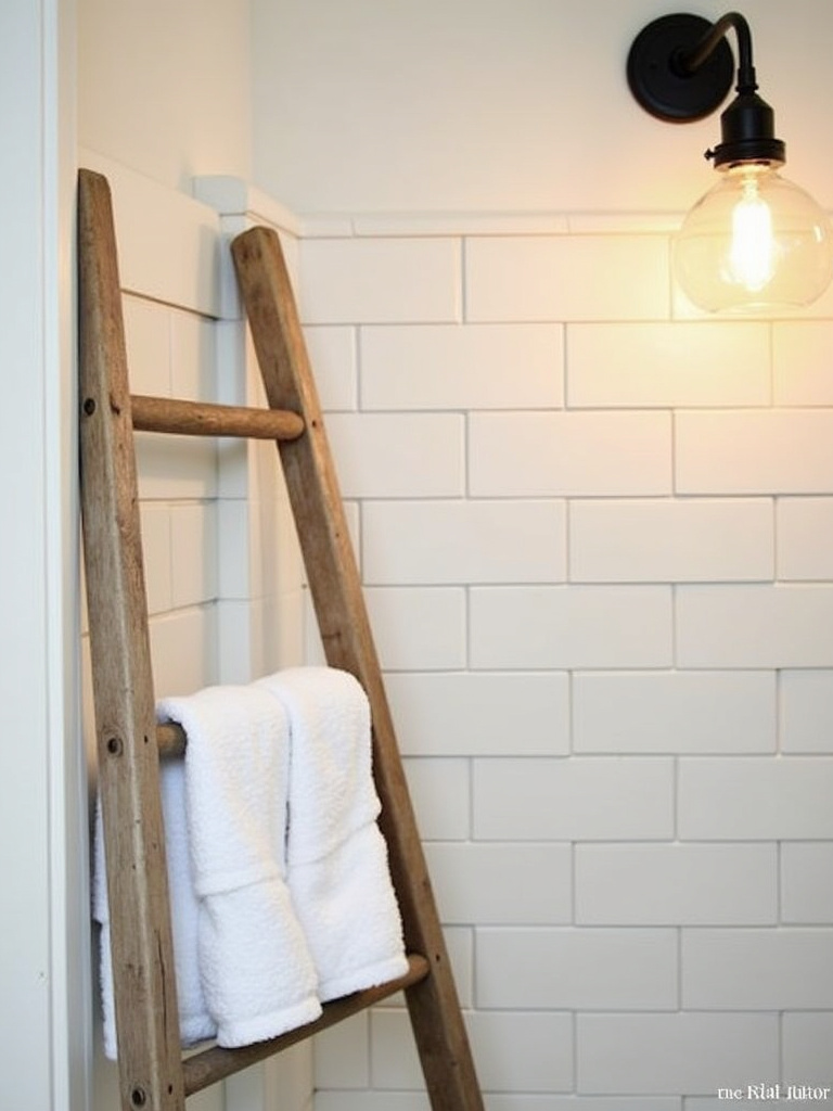 Farmhouse style bathroom featuring a wooden towel ladder with fluffy white towels against a shiplap wall.