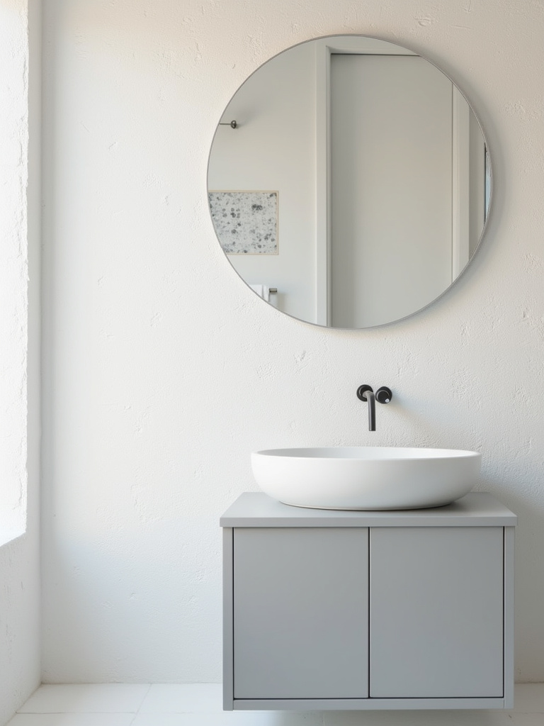 Minimalist bathroom featuring a subtly textured white tiled wall adding visual interest.