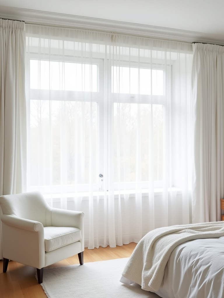 Elegant all-white bedroom with layered textures and natural light.