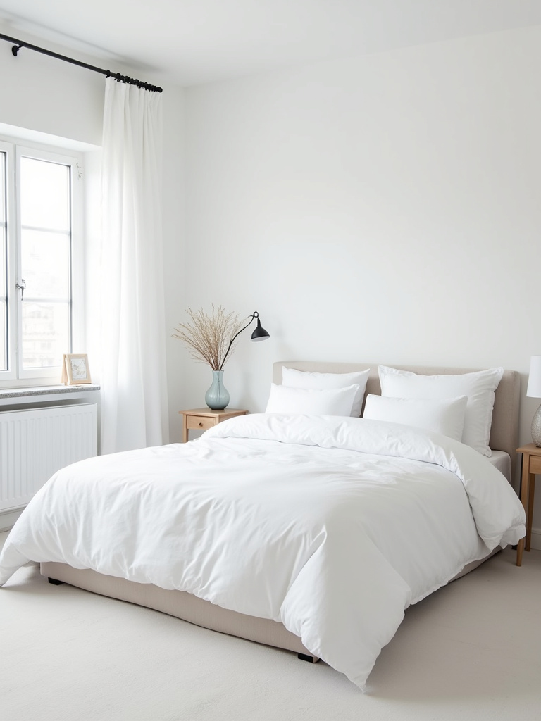 Pristine and impeccably clean white bedroom, showcasing its maintained freshness.