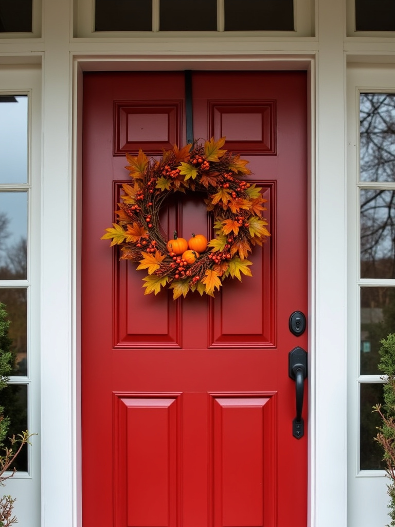 A red front door adorned with a colorful autumn wreath featuring fall foliage and pumpkins.