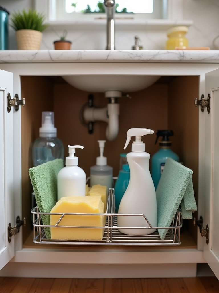 “Two-tier pull-out under-sink organizer installed in an open cabinet, organizing cleaning supplies, dish soap, and sponges, tidying up under-sink storage.”