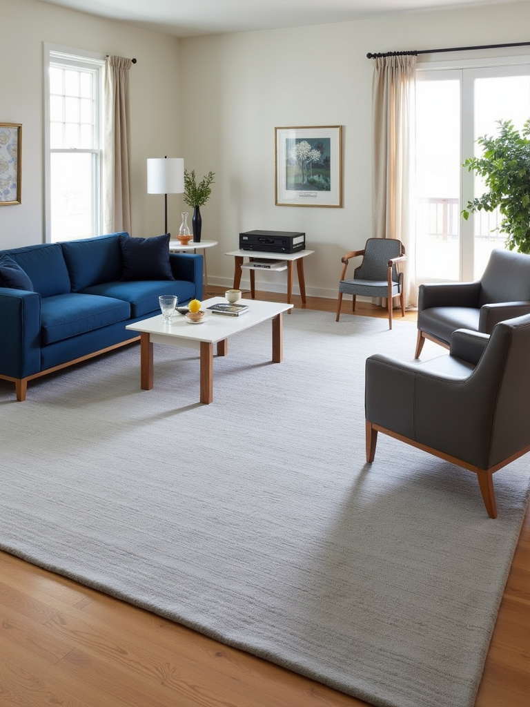Contemporary living room with a large grey rug unifying the seating area furniture.