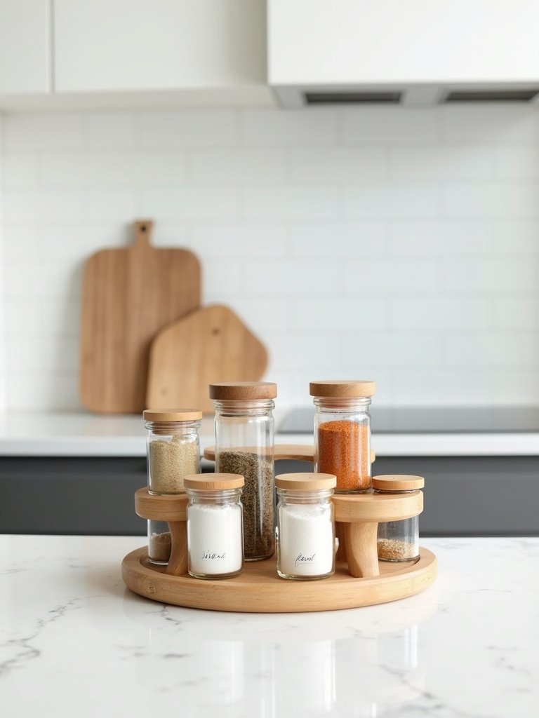 Tiered bamboo riser with glass spice jars on a white quartz kitchen countertop.