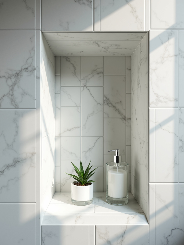 A bathroom niche with light gray marble and white grout, illuminated by soft natural light.