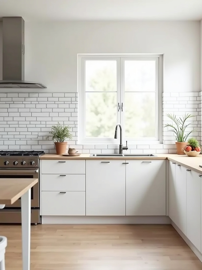 “Bright modern kitchen with a white subway tile backsplash and dark grey grout, stainless steel appliances, and light wood countertops.”