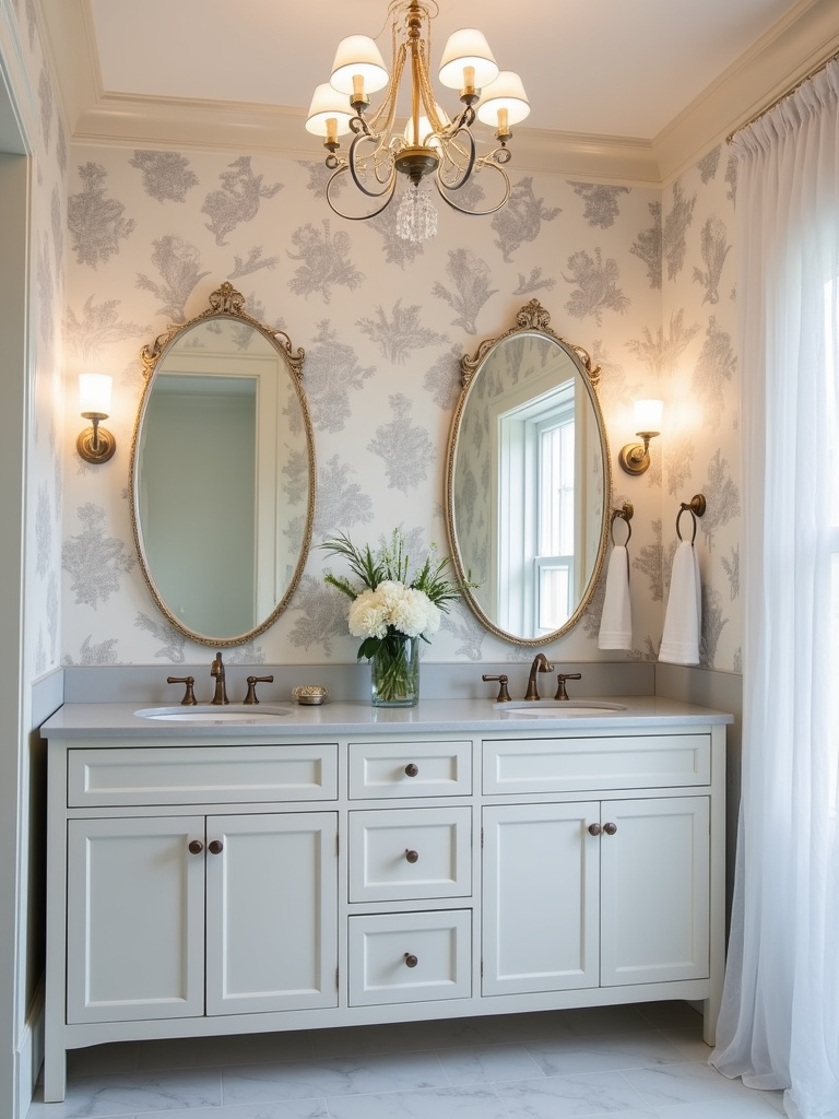 Elegant farmhouse bathroom featuring light grey toile wallpaper, adding a refined and classic country touch.