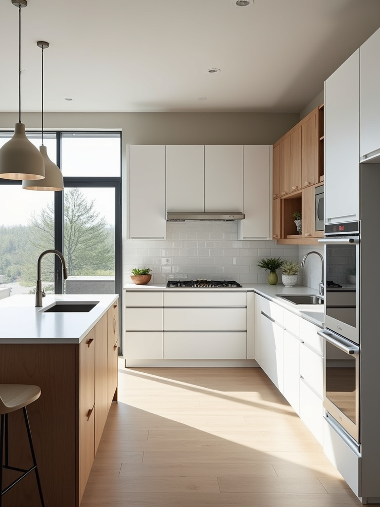 Modern kitchen with bright white cabinets, stainless steel appliances, subway tile backsplash, and wood accents, creating a bright and airy space.