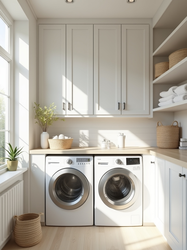 “Bright and airy white laundry room with natural light, featuring white cabinetry, countertops, and open shelving with neatly folded towels.”