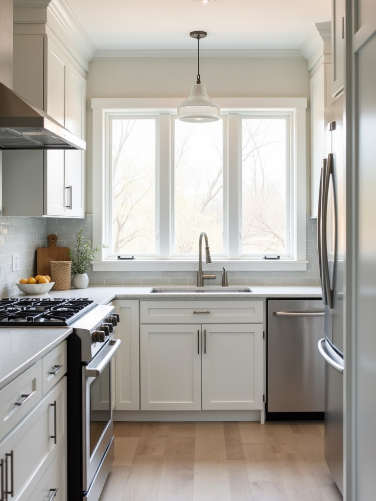 Bright white kitchen with shaker cabinets and stainless steel appliances.