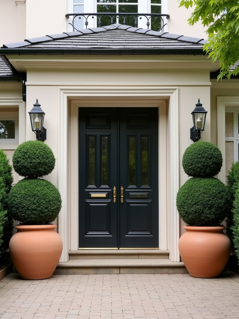 A grand entrance with boxwood topiary balls in terracotta planters flanking a double front door.