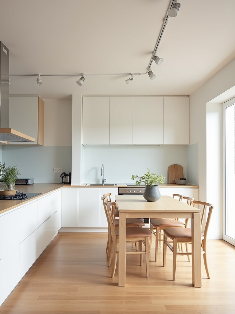 Contemporary kitchen with a track lighting system installed in the ceiling.