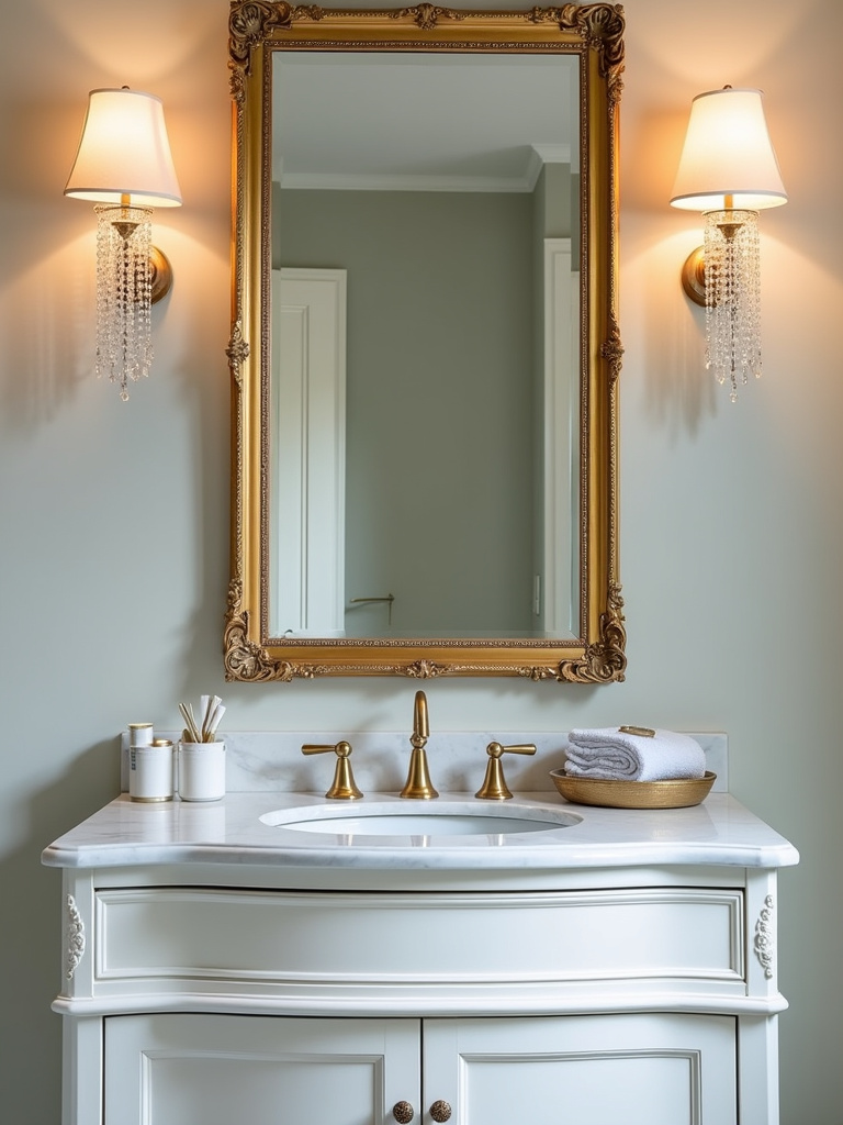 Elegant bathroom with crystal vanity sconces flanking an ornate mirror above a marble vanity.