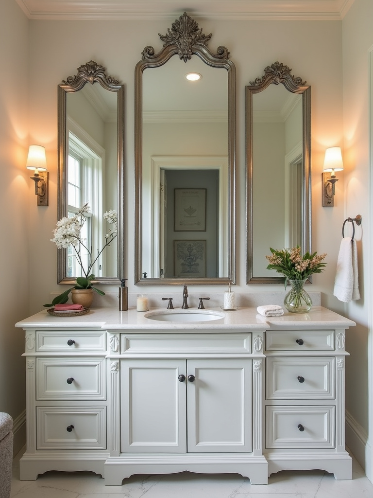 Elegant bathroom with a large triptych mirror above a wide vanity, providing a wider reflection and decorative element.