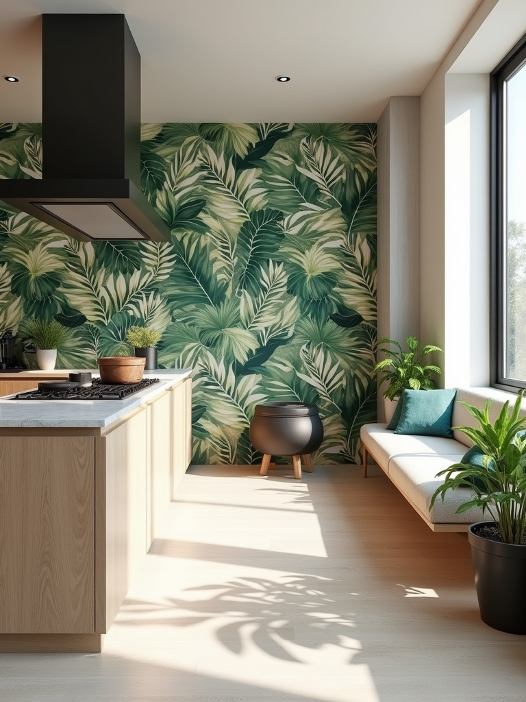 A modern kitchen utilizing lush tropical leaf pattern for a modern look, adding personality and sophistication into the design scheme.