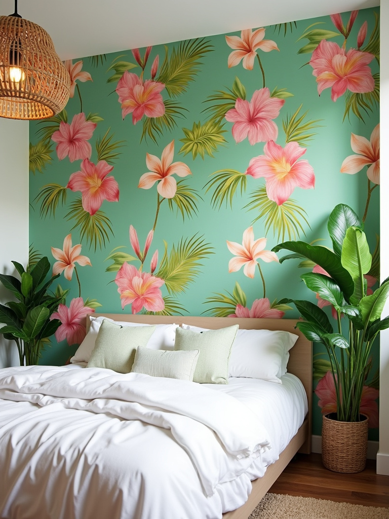 A vibrant tropical bedroom with a bold wallpaper featuring exotic flower patterns in green, pink, and yellow. The space also has white bed, wicker light fixture, and real potted plants, all bathed in even natural lighting.