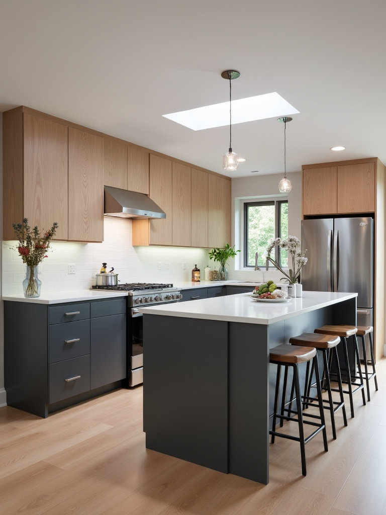 Modern two-tone kitchen featuring dark grey lower cabinets and light wood upper cabinets, white countertops, and stainless steel appliances.
