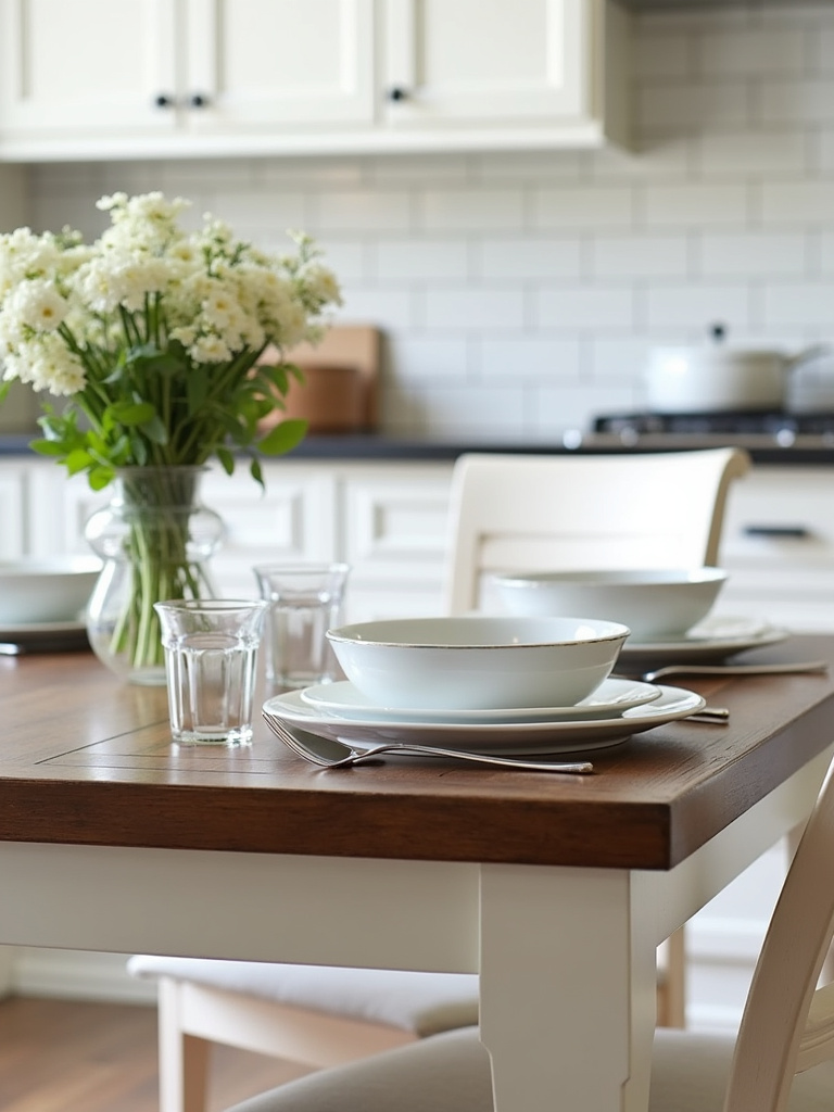 Two-tone kitchen table with dark wood top and white painted base in a transitional kitchen.