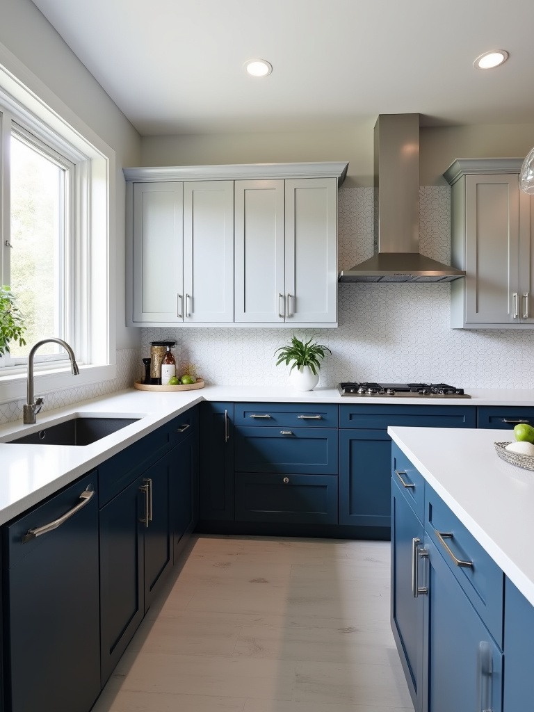 Modern two-tone kitchen with gray and blue cabinets.