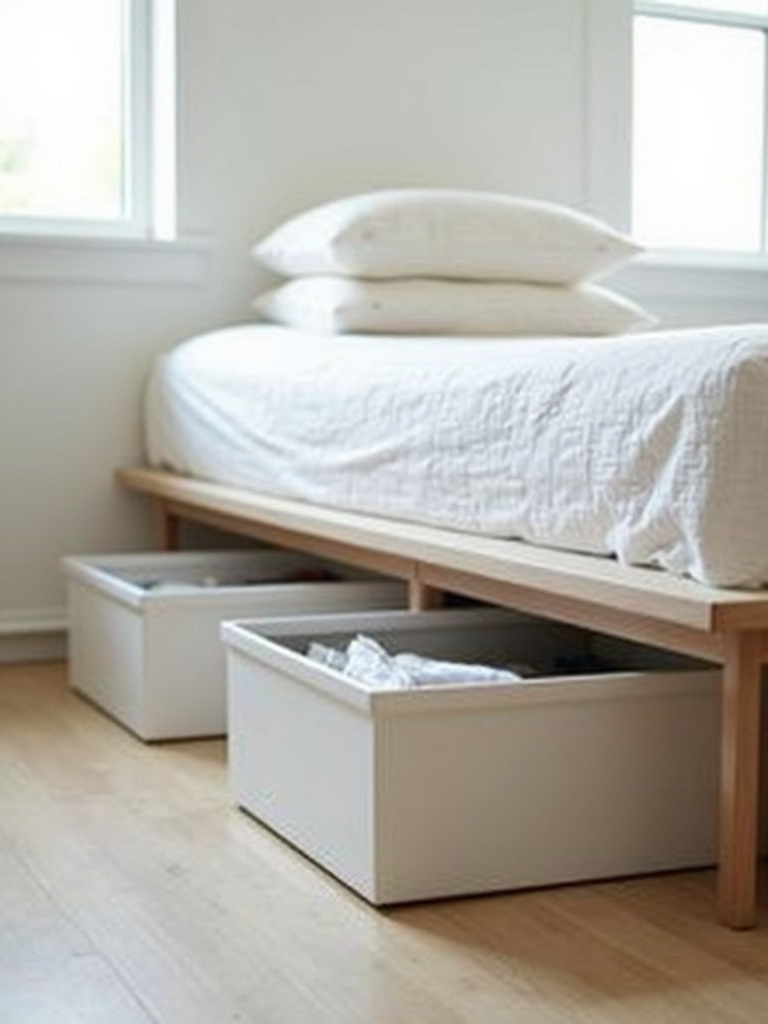 A minimalist bedroom with under-bed storage bins placed in an efficient manner creating an uncluttered atmosphere.