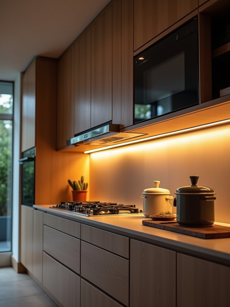Undercabinet lighting that illuminates countertop work spaces, providing both function and aesthetic benefits to the design.