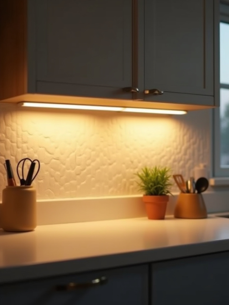 Apartment kitchen countertop beautifully illuminated by warm LED under-cabinet lighting, enhancing both functionality and ambiance.