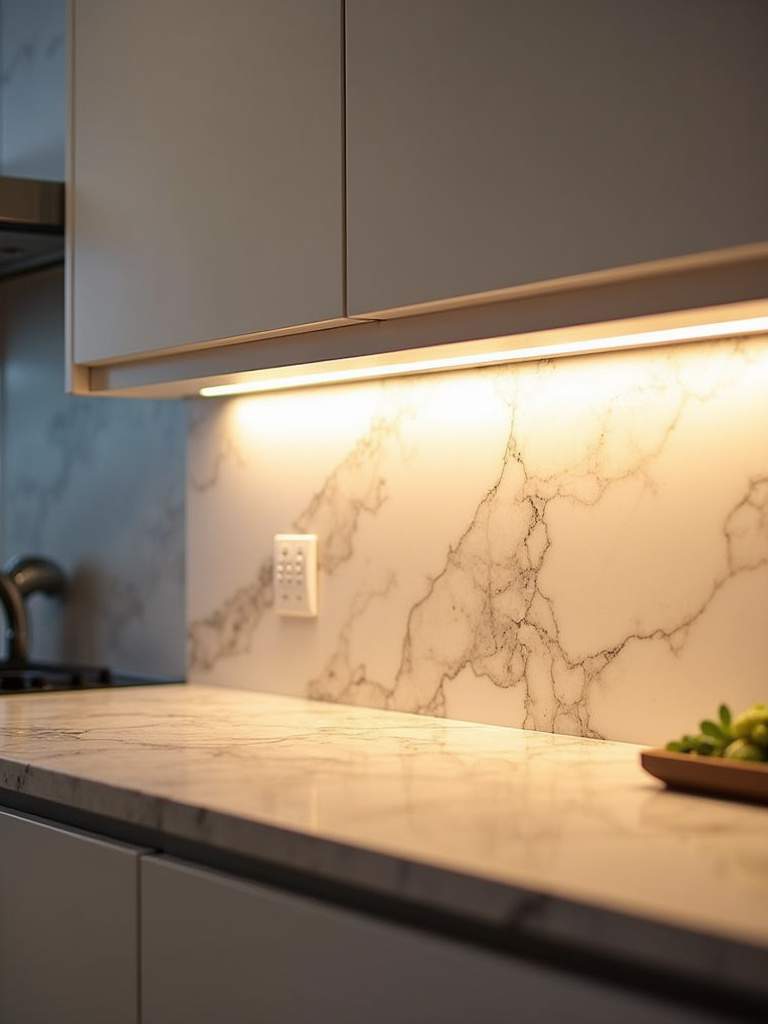 Detail shot of modern kitchen countertop illuminated by under-cabinet LED lighting, highlighting the workspace and marble backsplash.