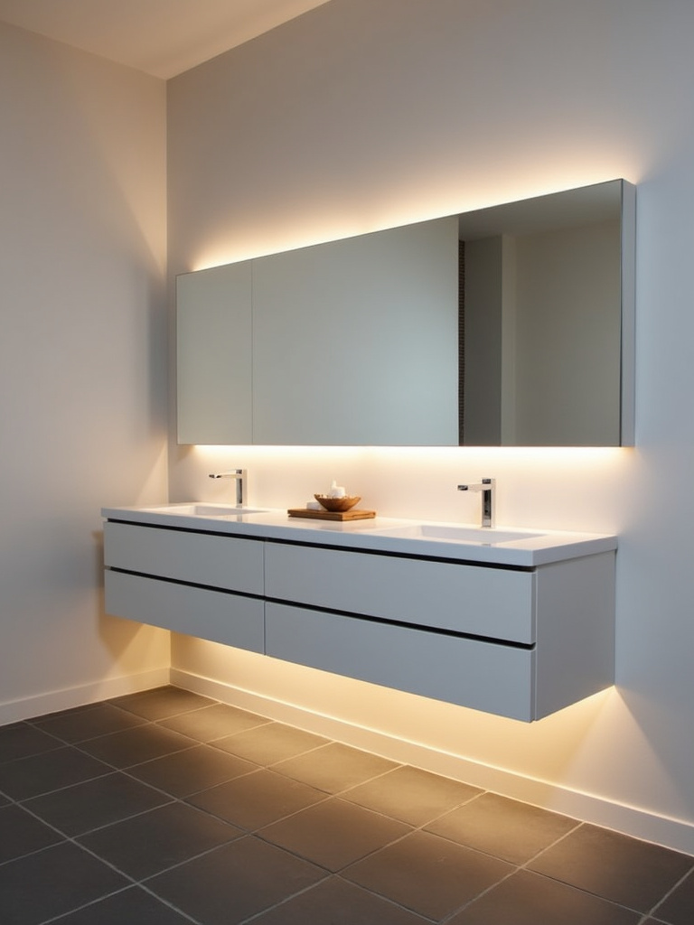 Minimalist bathroom with under-vanity LED lighting creating a soft ambient glow.