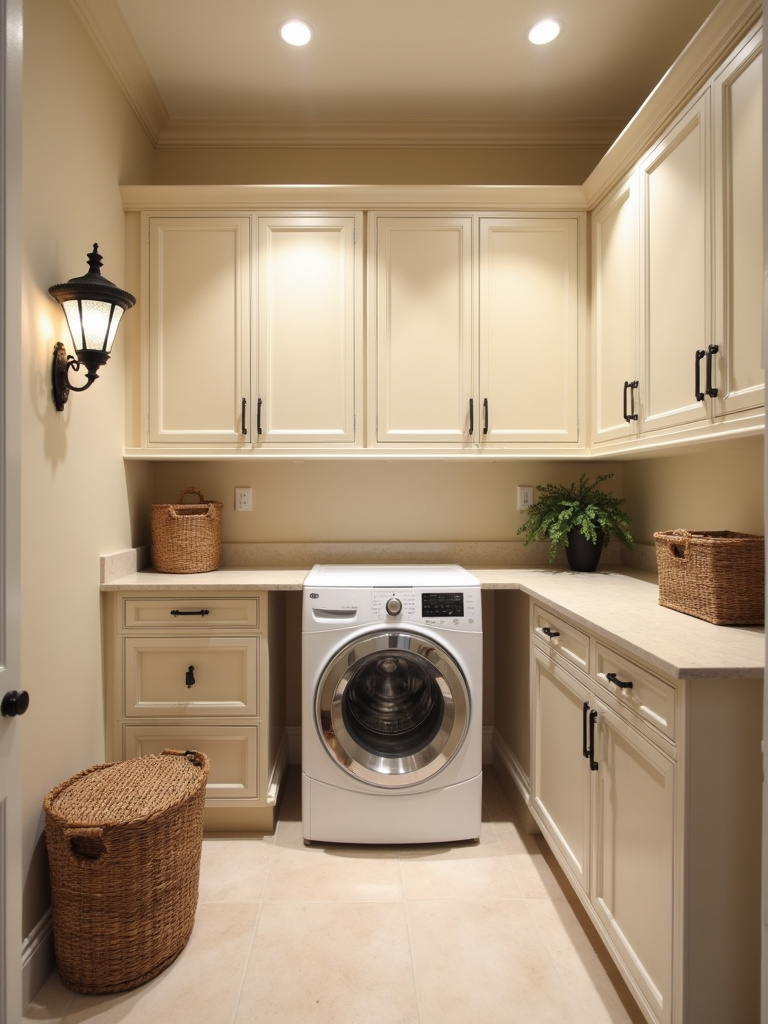 “Elegant cream beige laundry room with soft lighting, featuring cream beige cabinets, a light stone countertop, a stacked washer and dryer, and woven baskets.”