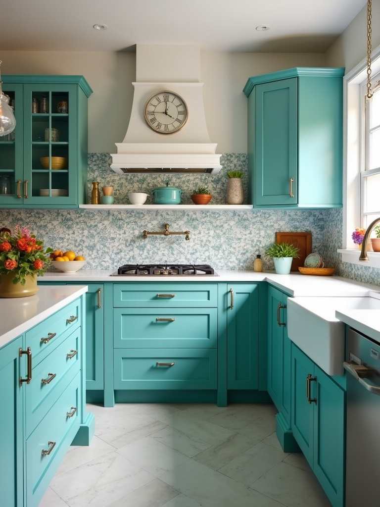 Eclectic teal kitchen with shaker cabinets and patterned backsplash.