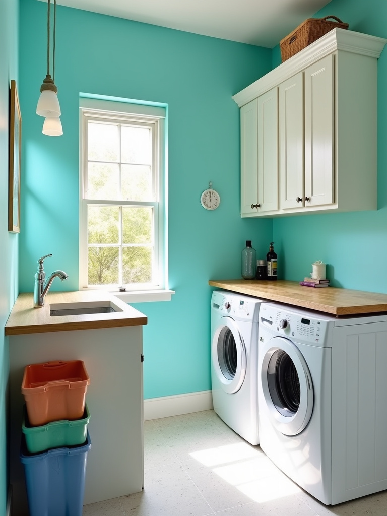 “Playful laundry room with a vibrant turquoise accent wall and light gray walls, filled with bright sunlight, white cabinets, and colorful storage bins.”