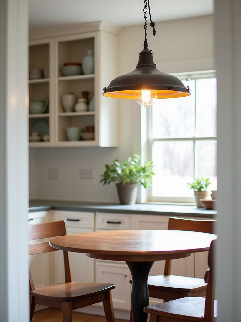 Artisanal light fixture hanging in a kitchen above a round table.