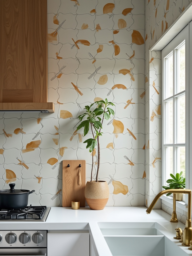 A bright and eclectic kitchen, using unique shaped tiles with contrasting colors and varied texture across a large backsplash.